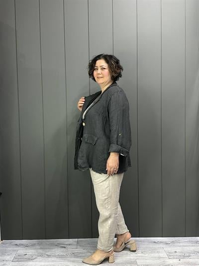 Doğal Keten Oversize Kadın Ceket Antrasit Gri