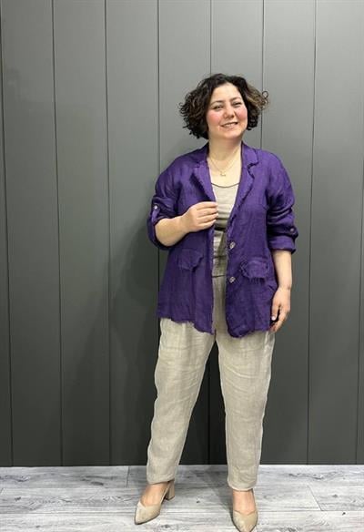 Doğal Keten Oversize Kadın Ceket Mor