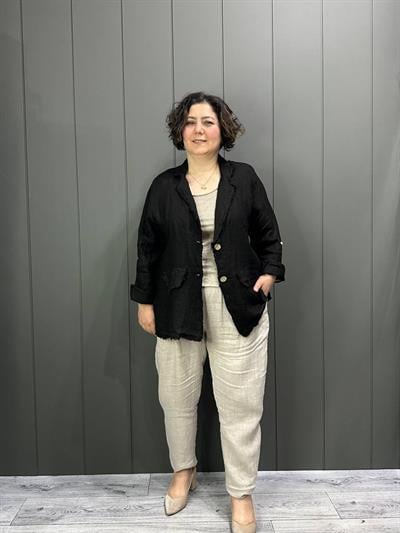 Doğal Keten Oversize Kadın Ceket Siyah