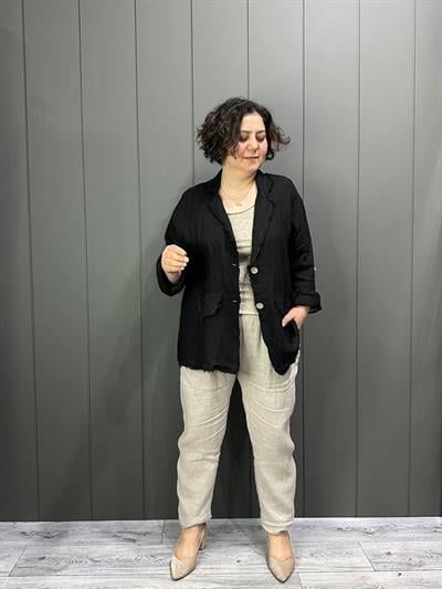 Doğal Keten Oversize Kadın Ceket Siyah