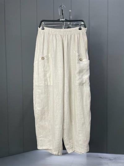 Düğmeli Keten Pantolon Krem