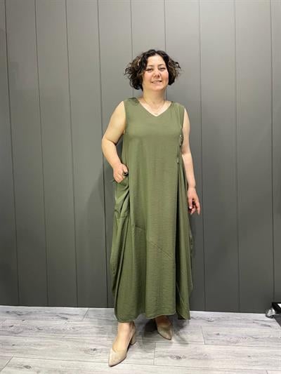 Fermuar Detaylı Cepli Elbise Yeşil