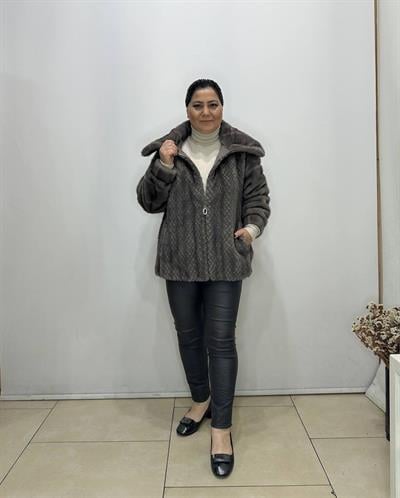 Fermuarlı Suni Kısa Kürk Kaban Gri