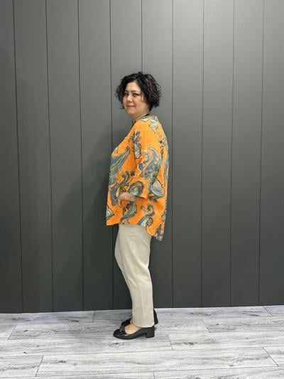 Hakim Yaka Şal Desenli Keten Gömlek Turuncu