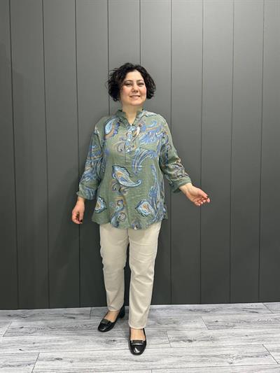 Hakim Yaka Şal Desenli Keten Gömlek Yeşil