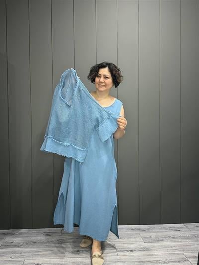 İthal File Bluz Detaylı Elbise Bebe Mavisi