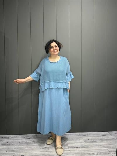 İthal File Bluz Detaylı Elbise Bebe Mavisi