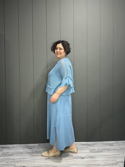İthal File Bluz Detaylı Elbise Bebe Mavisi