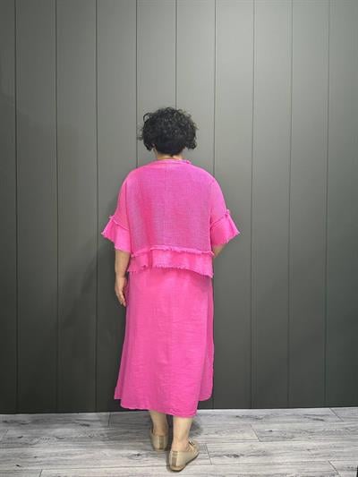 İthal File Bluz Detaylı Elbise Pembe