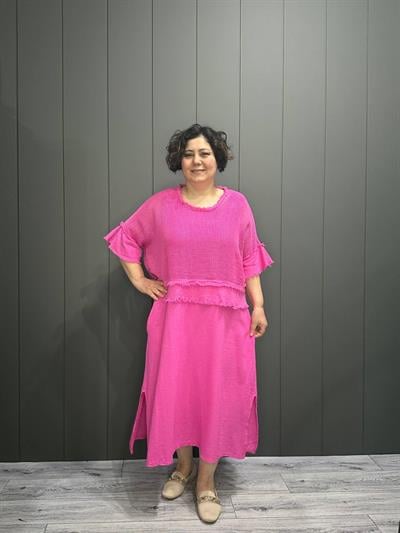 İthal File Bluz Detaylı Elbise Pembe