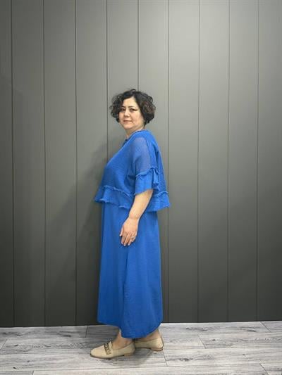 İthal File Bluz Detaylı Elbise Saks Mavisi