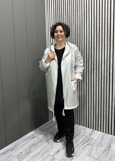 Kapüşonlu Deri Görünümlü Trenç Gümüş