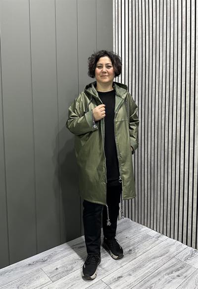 Kapüşonlu Deri Görünümlü Trenç Haki