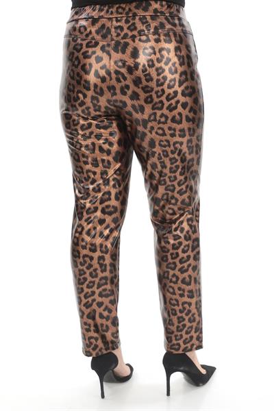 Leopar Desenli Beli Lastikli Deri Pantolon Kahve