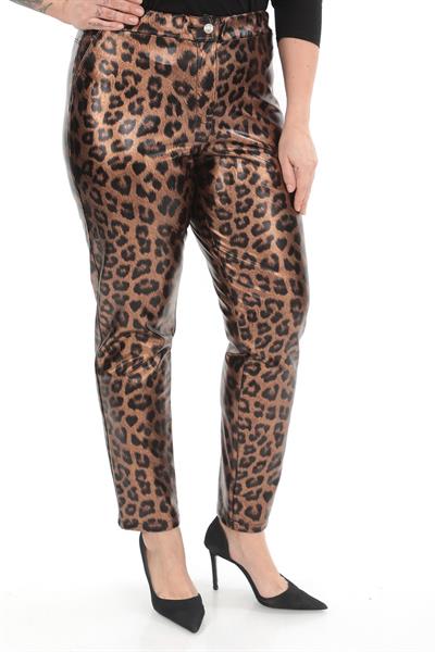 Leopar Desenli Beli Lastikli Deri Pantolon Kahve
