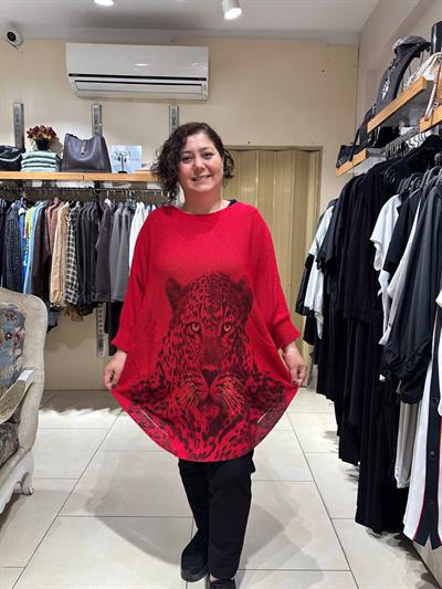 Leopar Desenli Pamuklu Merserize Oversize Bluz
