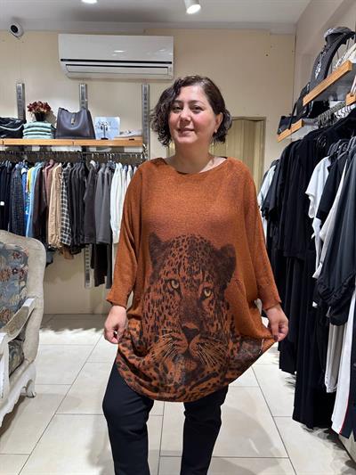 Leopar Desenli Pamuklu Merserize Oversize Bluz
