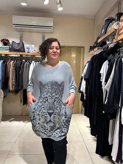 Leopar Desenli Pamuklu Merserize Oversize Bluz