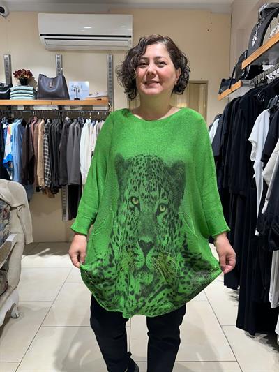 Leopar Desenli Pamuklu Merserize Oversize Bluz