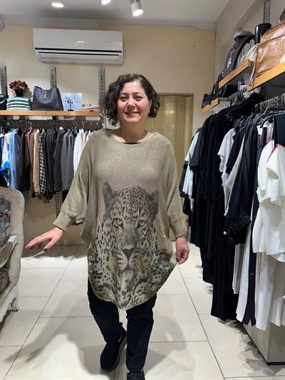 Leopar Desenli Pamuklu Merserize Oversize Bluz