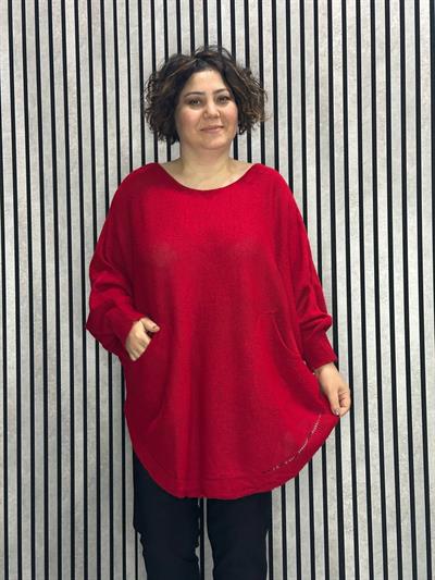 Ön Oval Kesim Cepli Triko Bluz Kırmızı