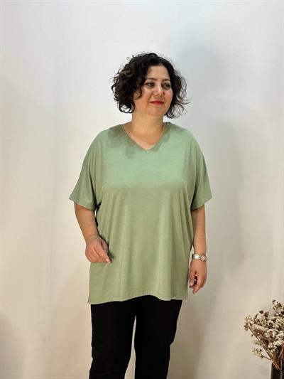 Oversize  V Yaka Likralı Viskon Bluz 