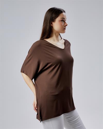 Oversize  V Yaka Likralı Viskon Bluz 