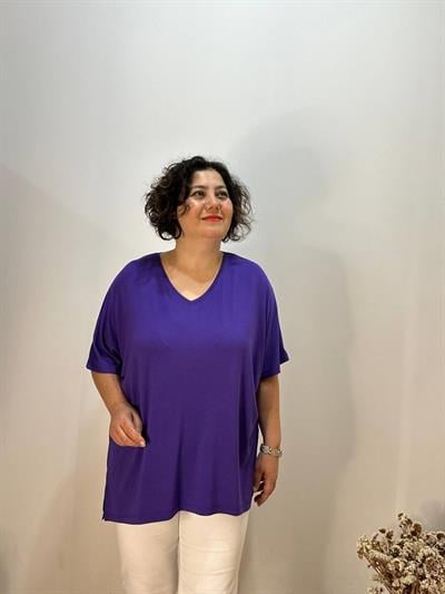 Oversize  V Yaka Likralı Viskon Bluz 