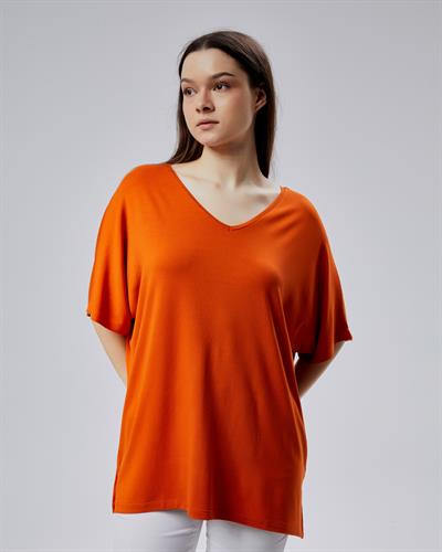 Oversize  V Yaka Likralı Viskon Bluz 