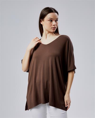 Oversize  V Yaka Likralı Viskon Bluz 