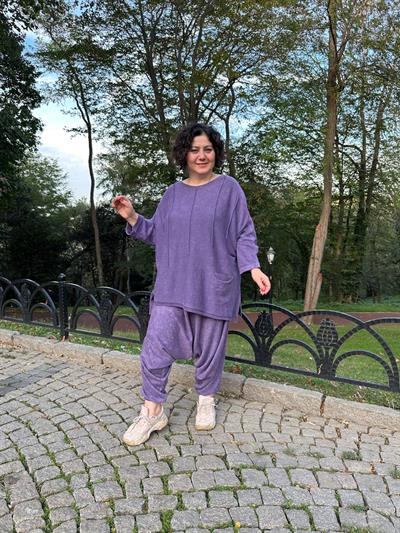 Owersize Pamuklu Triko Bluz Mor