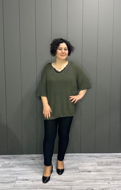 Selanik Örgülü  V Yaka Merserize Bluz Haki Yeşil