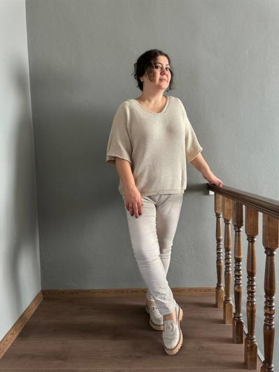 V Yaka Petek Örgü Merserize Bluz