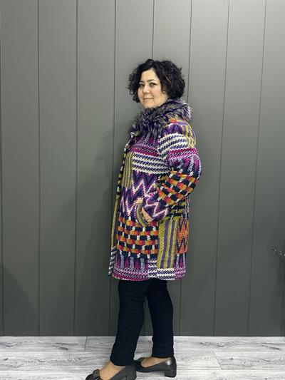Yaka Kürklü Astarlı Yün Kaban Mor