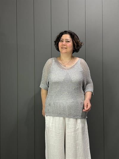 Yıldız Baskılı Simli Bluz Gri