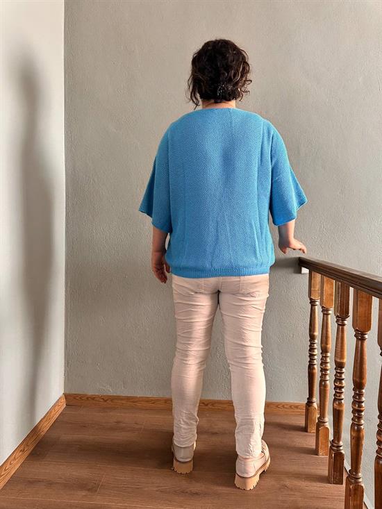 V Yaka Petek Örgü Merserize Bluz