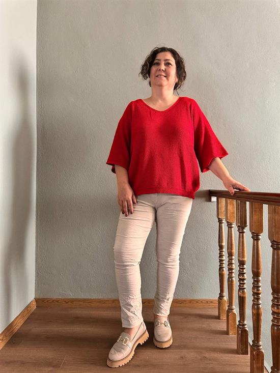 V Yaka Petek Örgü Merserize Bluz