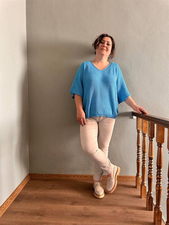 V Yaka Petek Örgü Merserize Bluz