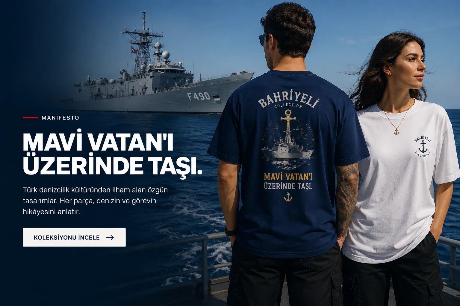 TCG Gaziantep F490 önünde Bahriyeli Collection lacivert ve beyaz tişört giyen kadın ve erkek model