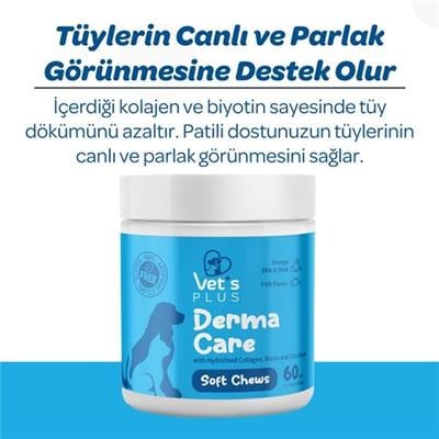 Vet's Plus Derma Care Kedi ve Köpekler İçin Deri ve Tüy Yapısı Destekleyici Çiğnenebilir Tablet (60'lı)