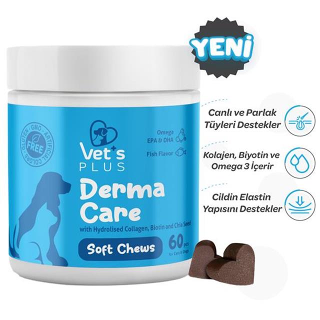 Vet's Plus Derma Care Kedi ve Köpekler İçin Deri ve Tüy Yapısı Destekleyici Çiğnenebilir Tablet (60'lı)