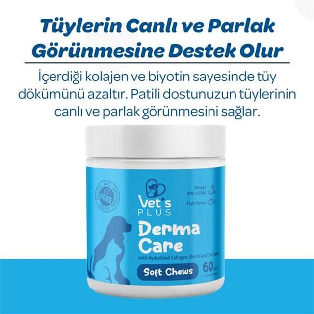 Vet's Plus Derma Care Kedi ve Köpekler İçin Deri ve Tüy Yapısı Destekleyici Çiğnenebilir Tablet (60'lı)