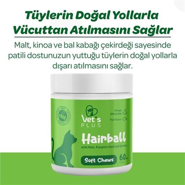 Vet's Plus Hairball Kediler İçin Malt ve Kinoalı Tüy Yumağı Önleyici Çiğnenebilir Tablet (60'lı)