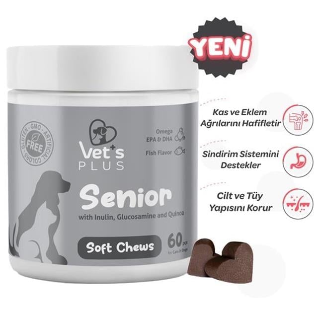Vet's Plus Senior Yaşlı Kedi ve Köpekler İçin İnülin ve Glukozaminli Çiğnenebilir Tablet (60'lı)