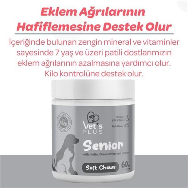 Vet's Plus Senior Yaşlı Kedi ve Köpekler İçin İnülin ve Glukozaminli Çiğnenebilir Tablet (60'lı)
