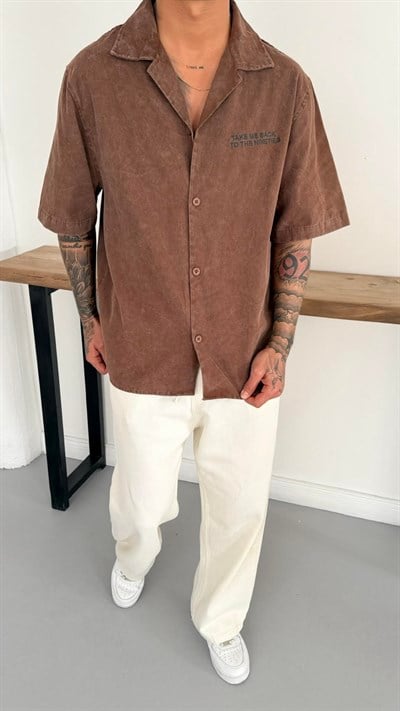Yıkamalı Oversize Kısa Kol Gömlek