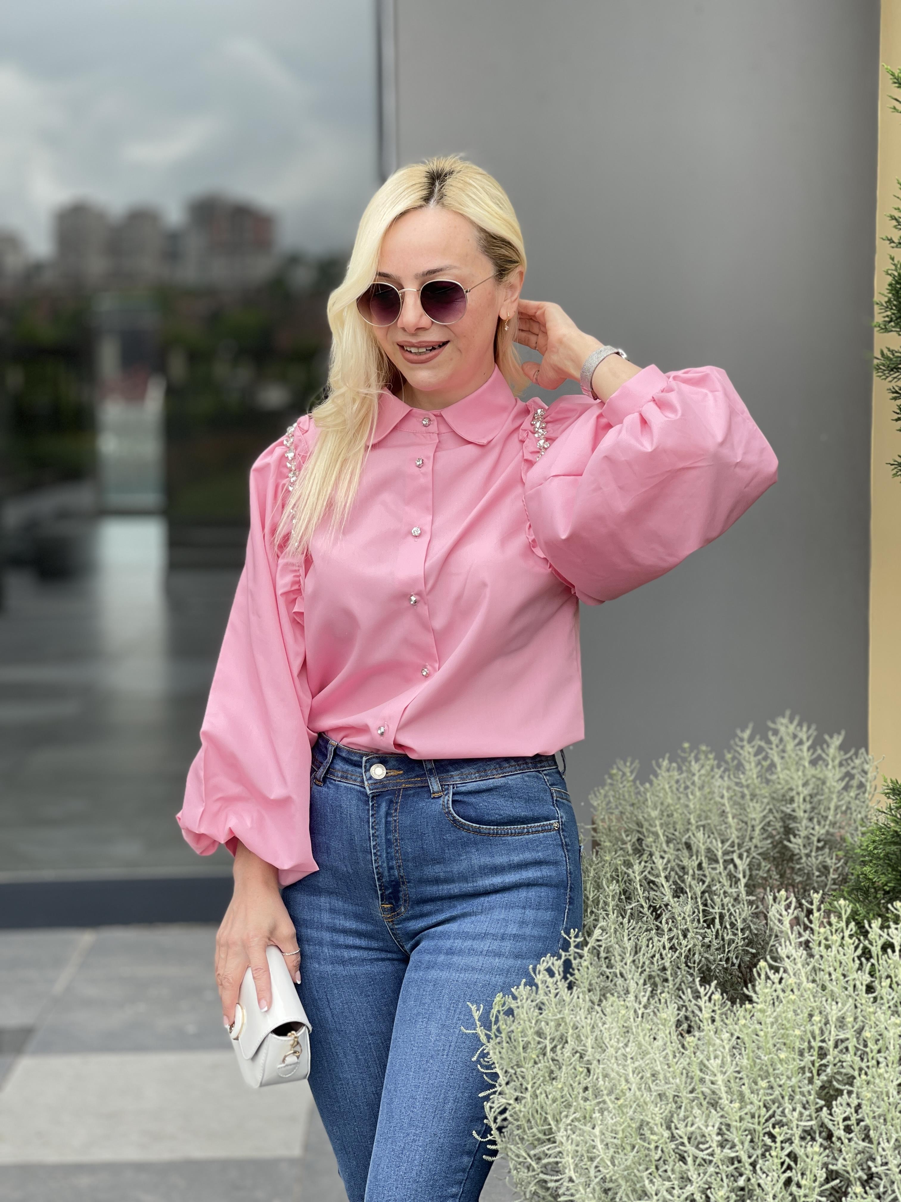 Taş Detaylı Balon Kol Pembe Gömlek