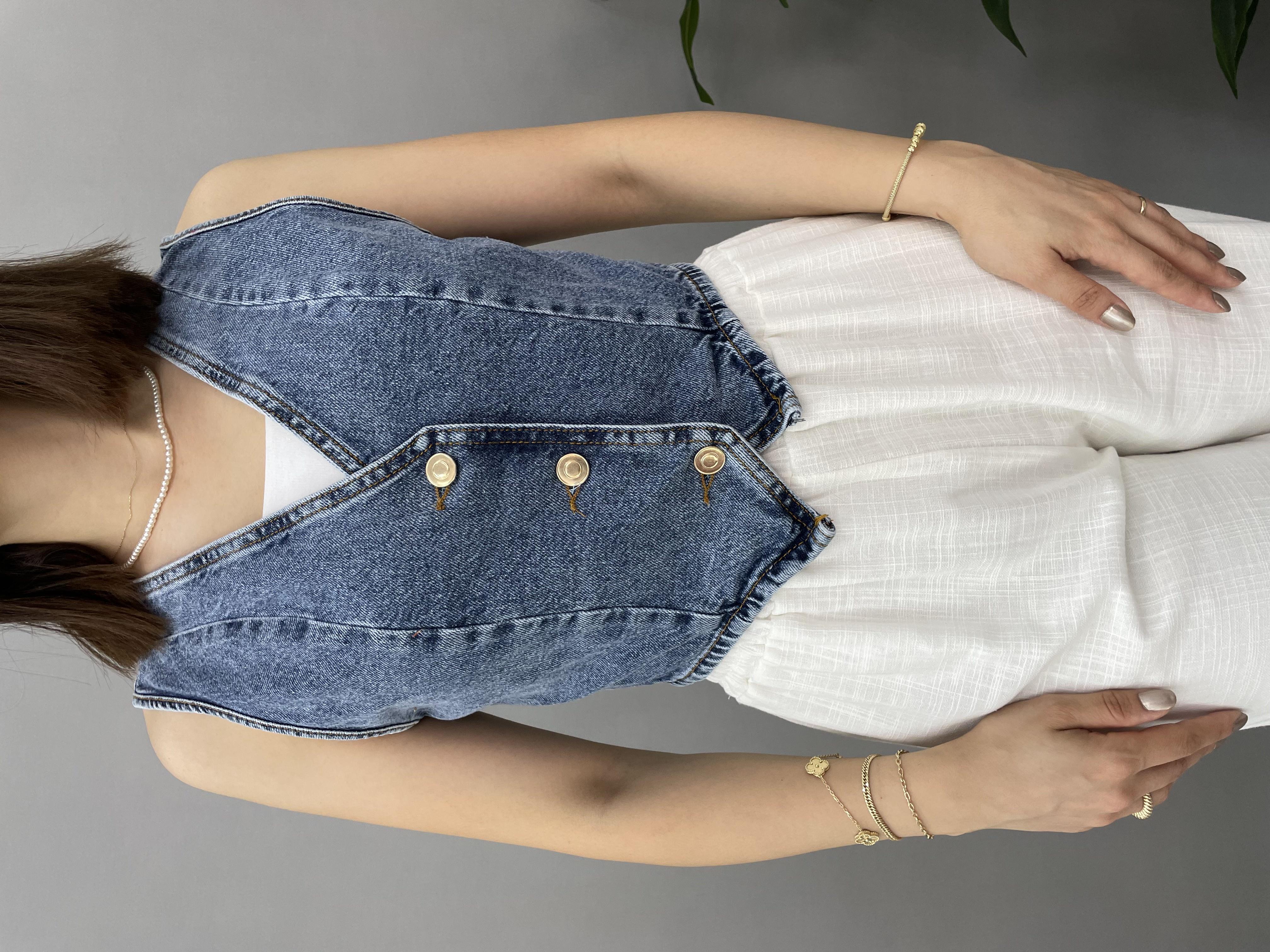 V Yaka Düğmeli Denim Yelek