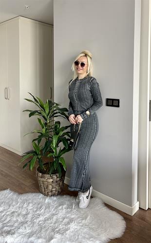 Antrasit Gri Yıkamalı Elbise