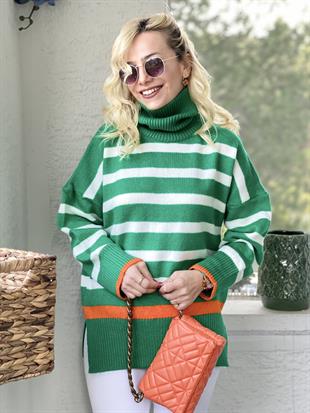 Balıkçı Yaka Oversize Yeşil Çizgili Yün Kazak